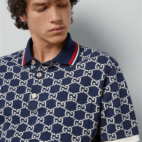 royal blue gucci polo|GG cotton jersey jacquard polo shirt in blue and ivory .